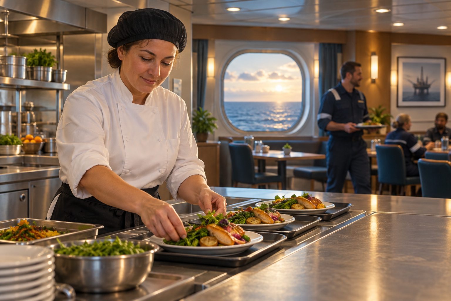 Illustration of hospitality work aboard an accommodation vessel